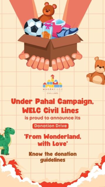 This Children’s Week, let’s celebrate by sharing the joy with those who need it most. 💕
We’re collecting books, toys, clothes, and stationery in good condition to spread smiles at a children’s home.

🧸 Please ensure items are clean, safe, and lovingly packed.
Together, let’s teach our little ones the beauty of giving. ✨

📦 Drop your donations at Wonderland Early Learning Centre
2A Ludlow Castle Lane, Civil Lines

📞 For more information, please contact us at 8685870665

[WELC, Wonderland School, Children's Day, Donation Drive, Elementary School, Civil Lines, Schools in Delhi]