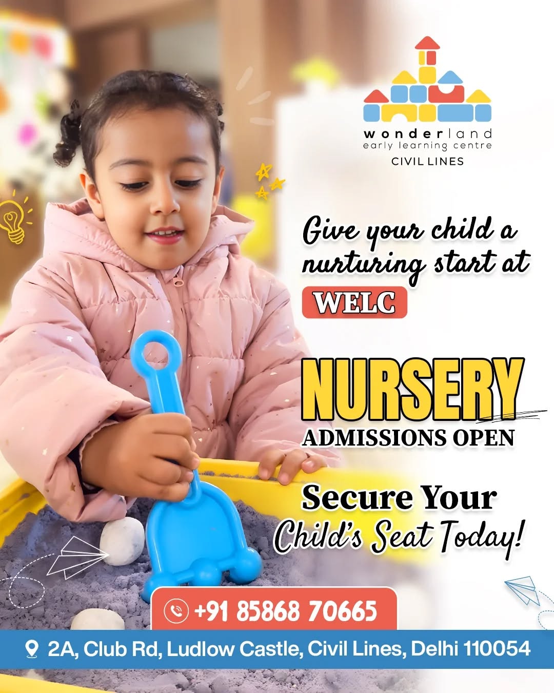 At WELC, we create a nurturing space where your child learns, plays, and grows with confidence and happiness every single day 🌈👶

🎒 Nursery Admissions Open – Enrol Now
📞 +91 85868 70665
📍 Civil Lines, Delhi
.
.
#welc #wonderlandearlylearningcentre #admissionsopen #nurseryadmissions #littlestepsbigdreams